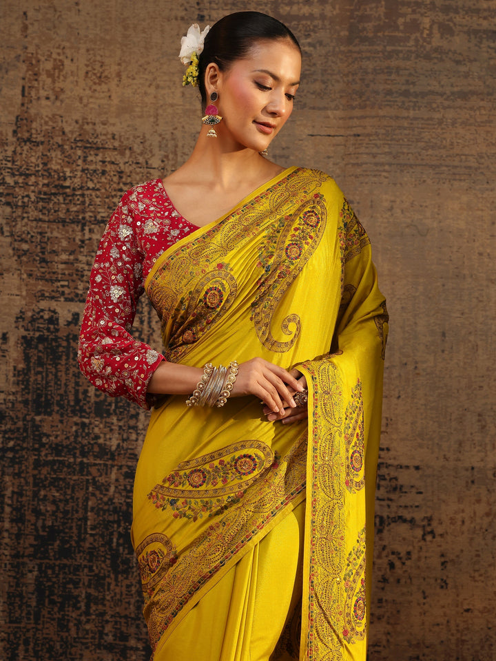 Libas Mustard Floral Embroidered Satin Saree With Unstitched Blouse Piece