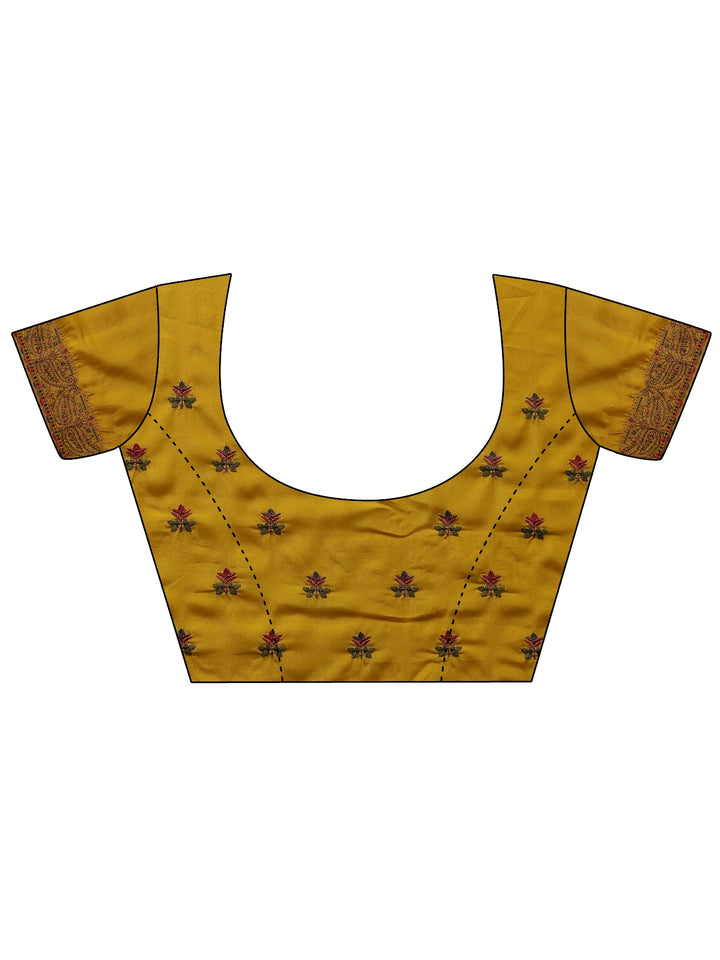 Mustard Floral Embroidered Satin Saree With Unstitched Blouse Piece