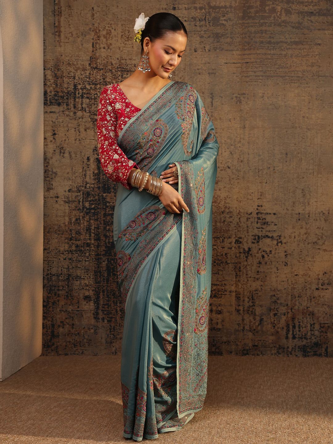 Blue Floral Embroidered Satin Saree With Unstitched Blouse Piece
