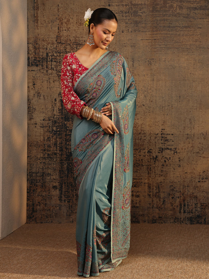 Blue Floral Embroidered Satin Saree With Unstitched Blouse Piece