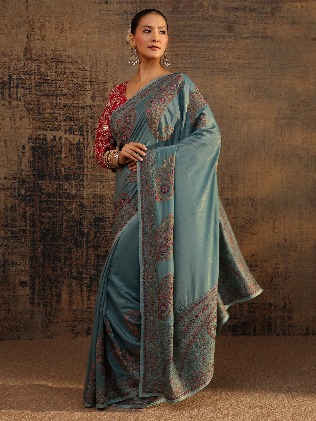 Blue Floral Embroidered Satin Saree With Unstitched Blouse Piece
