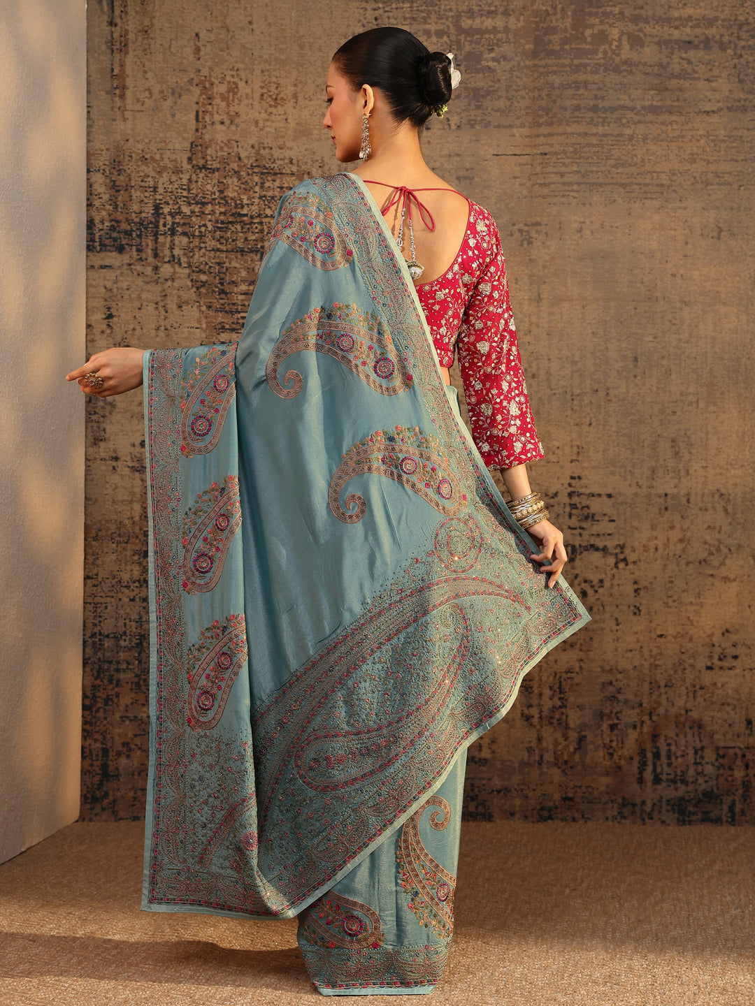 Blue Floral Embroidered Satin Saree With Unstitched Blouse Piece