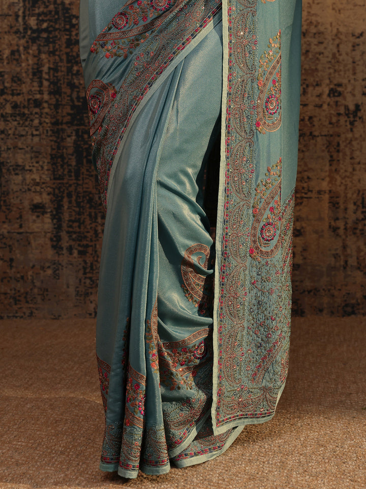 Blue Floral Embroidered Satin Saree With Unstitched Blouse Piece