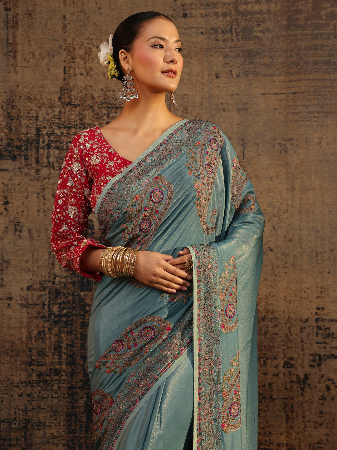 Blue Floral Embroidered Satin Saree With Unstitched Blouse Piece