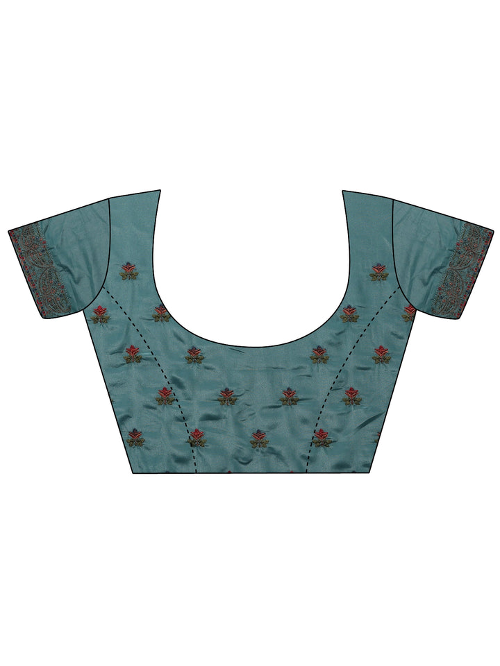 Blue Floral Embroidered Satin Saree With Unstitched Blouse Piece