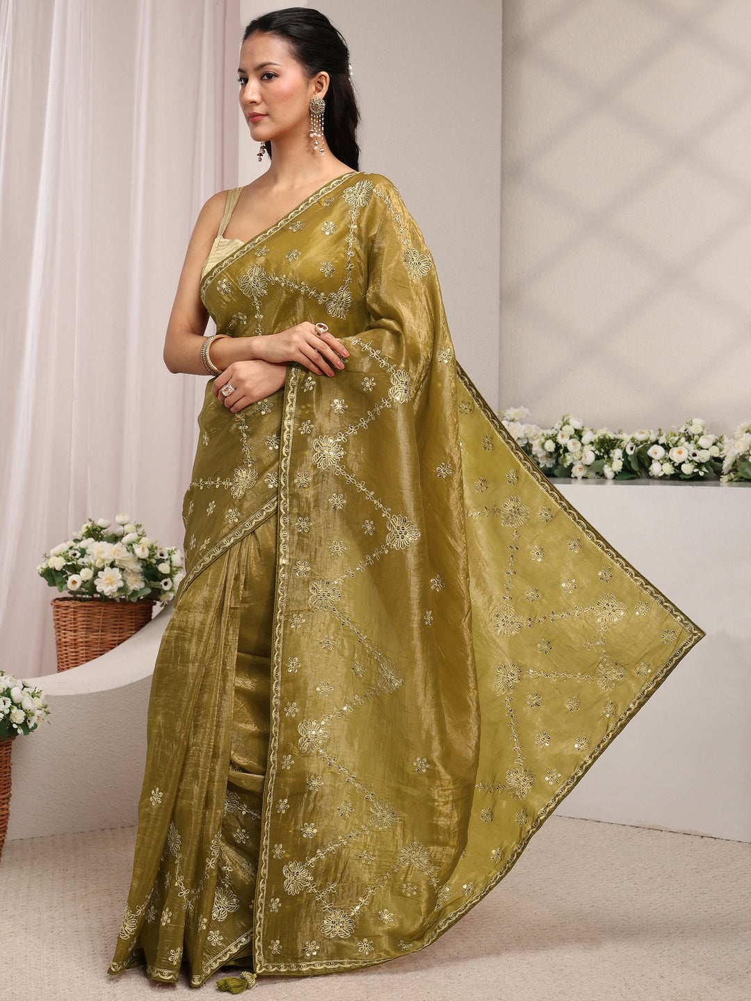 Olive Floral Embroidered Tissue Saree With Unstitched Blouse Piece