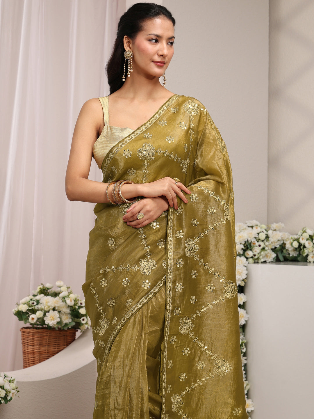 Olive Floral Embroidered Tissue Saree With Unstitched Blouse Piece