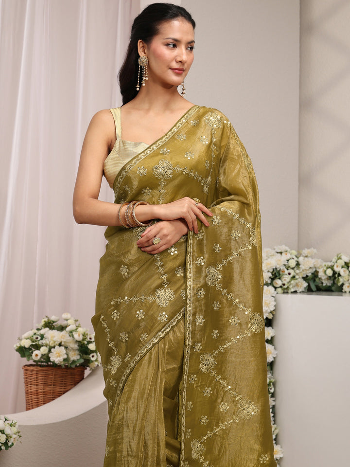 Olive Floral Embroidered Tissue Saree With Unstitched Blouse Piece