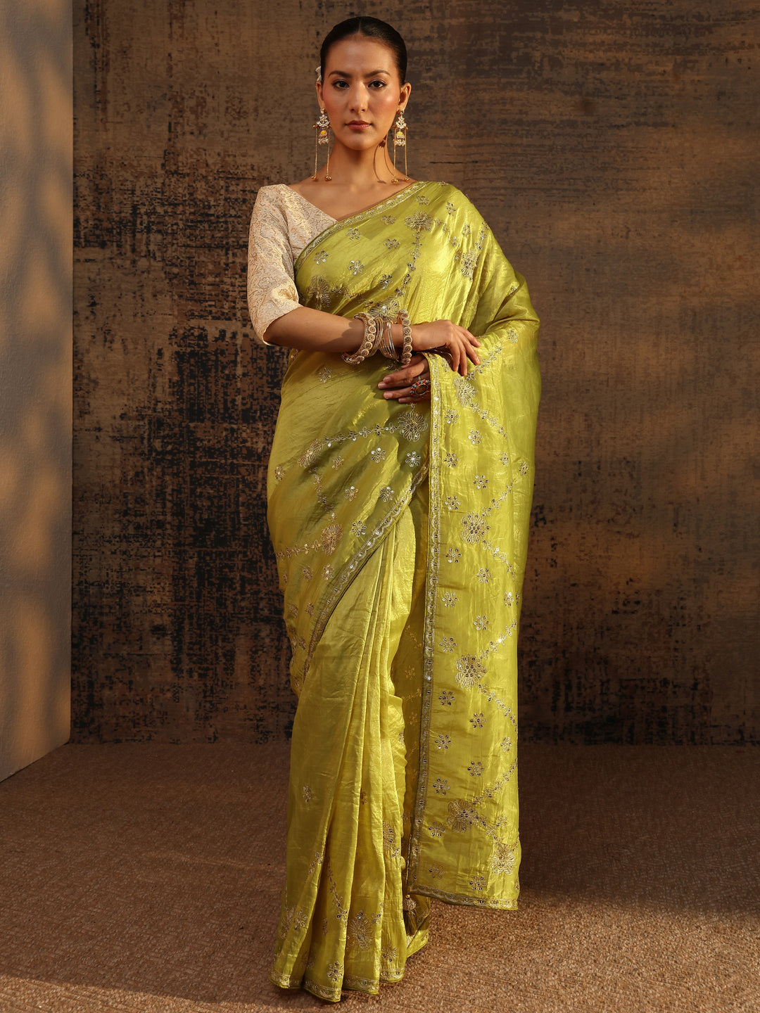 Green Floral Embroidered Tissue Saree With Unstitched Blouse Piece
