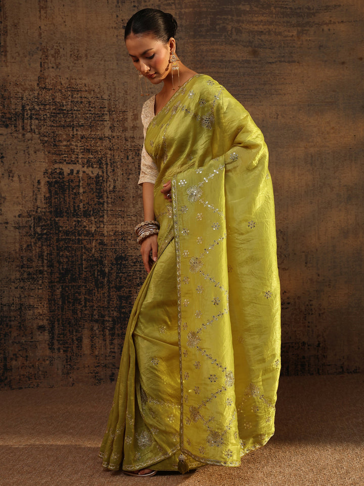 Green Floral Embroidered Tissue Saree With Unstitched Blouse Piece