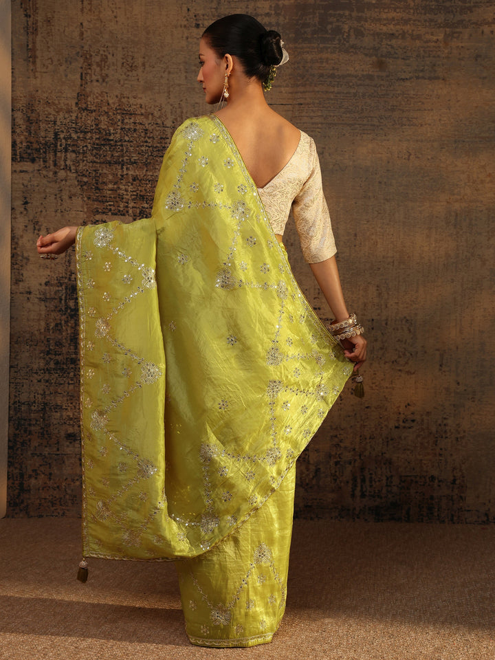 Green Floral Embroidered Tissue Saree With Unstitched Blouse Piece