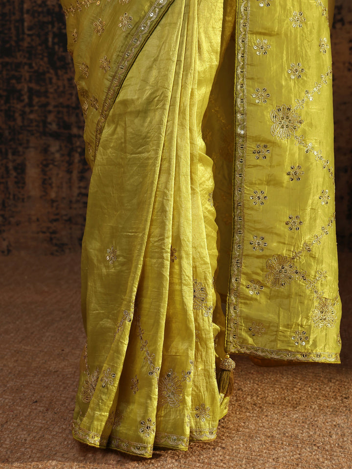 Green Floral Embroidered Tissue Saree With Unstitched Blouse Piece