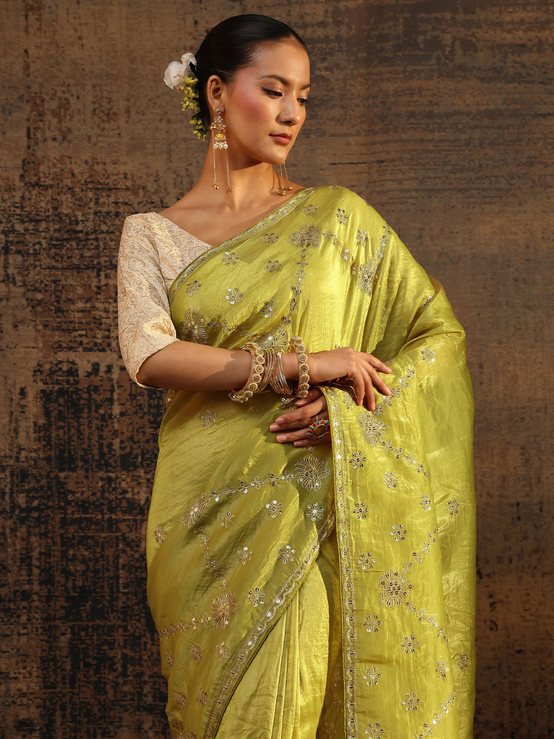 Green Floral Embroidered Tissue Saree With Unstitched Blouse Piece