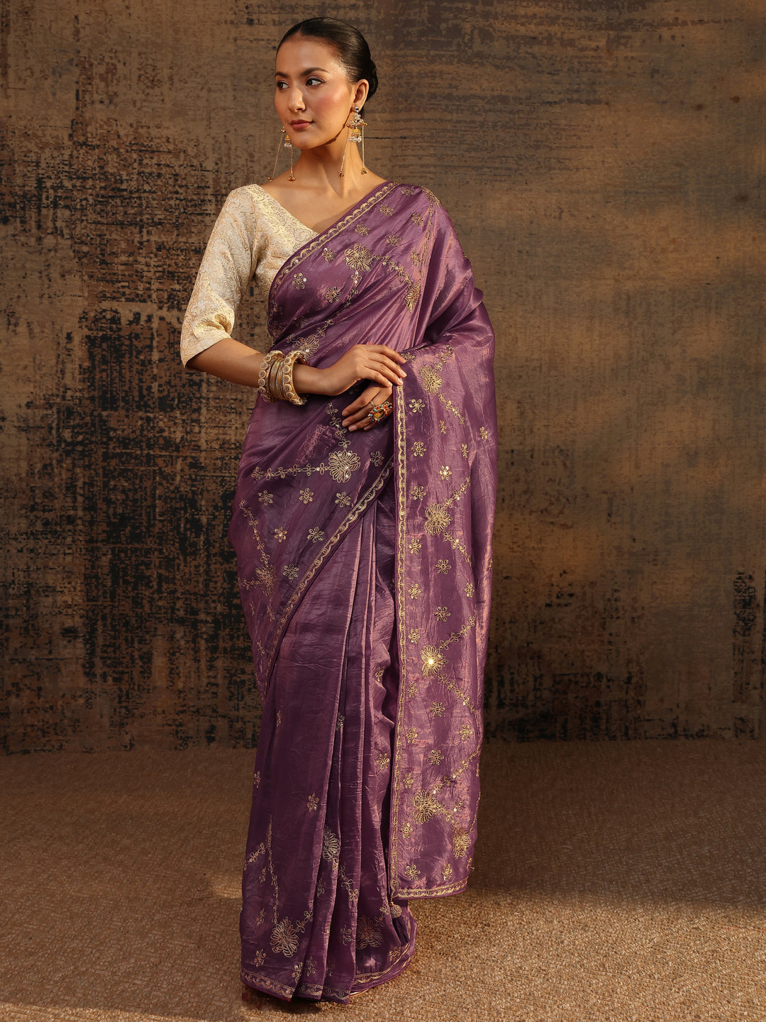 Purple Floral Embroidered Tissue Saree With Unstitched Blouse Piece