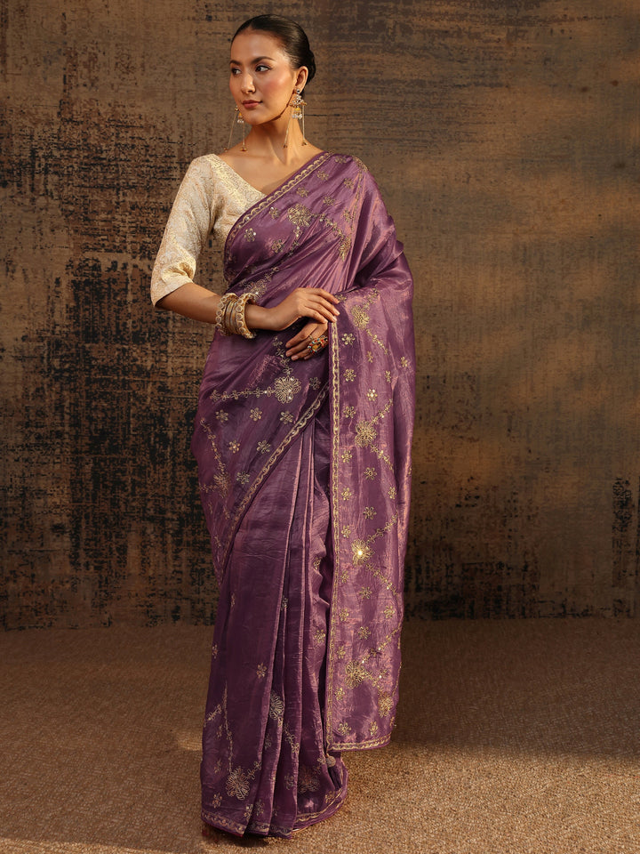 Purple Floral Embroidered Tissue Saree With Unstitched Blouse Piece