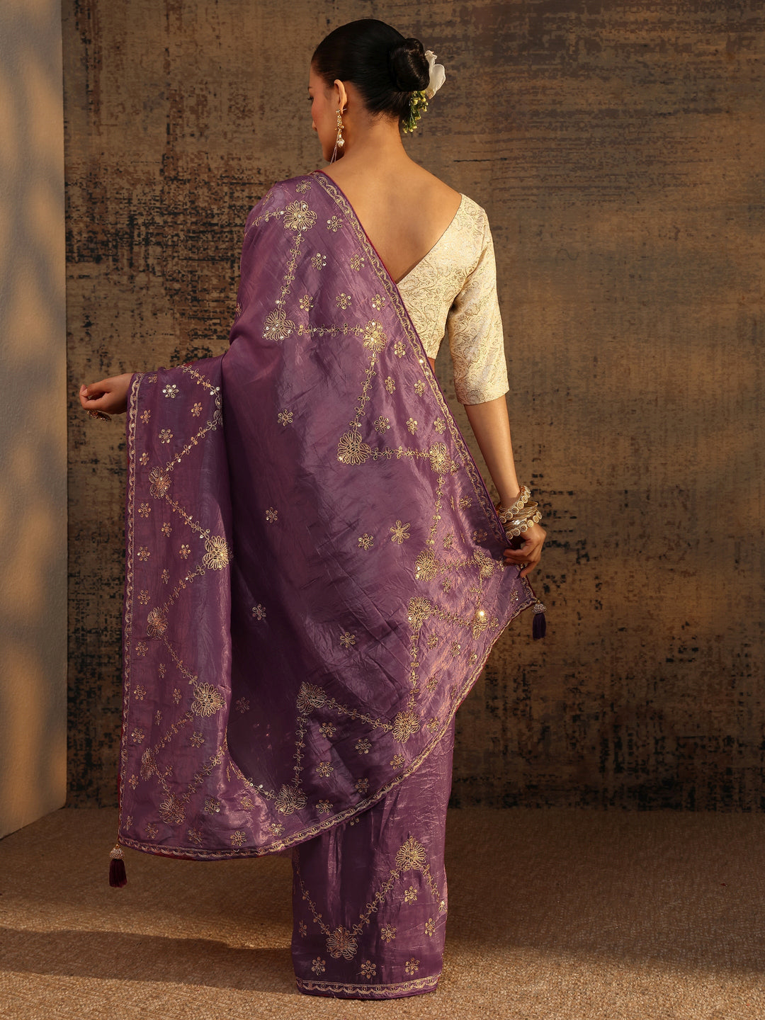 Purple Floral Embroidered Tissue Saree With Unstitched Blouse Piece