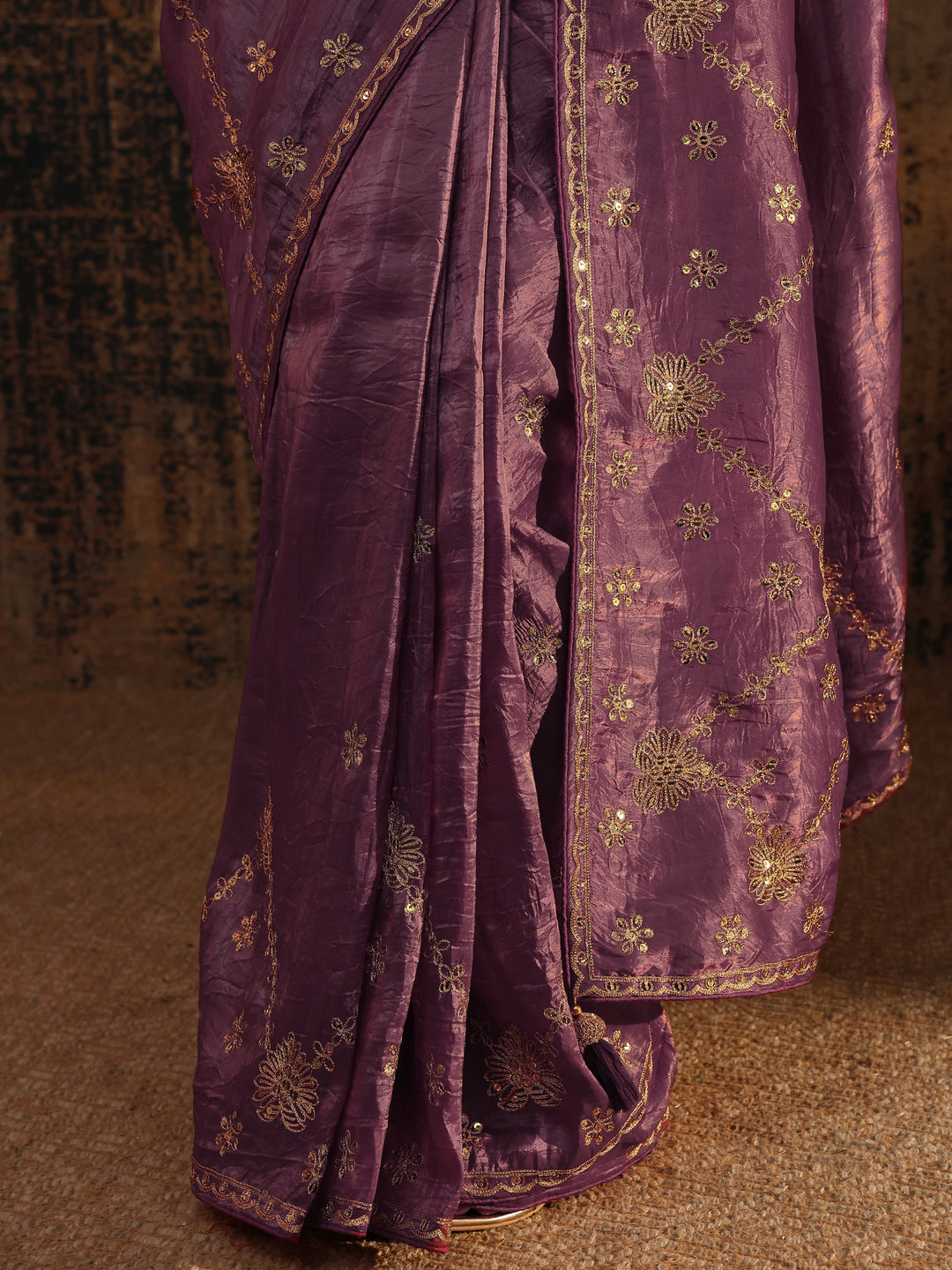 Purple Floral Embroidered Tissue Saree With Unstitched Blouse Piece