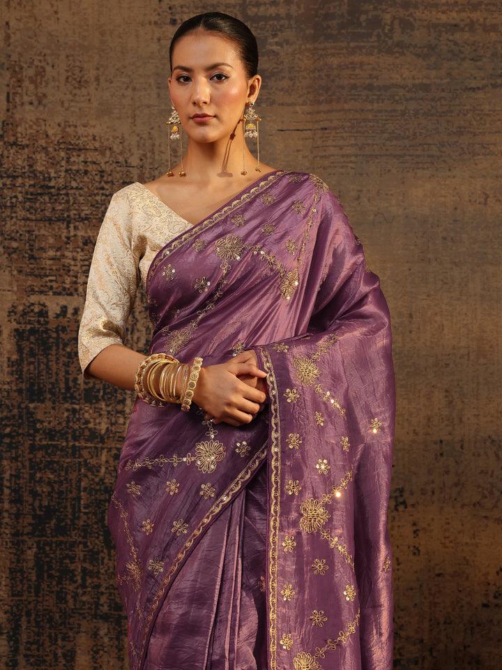 Purple Floral Embroidered Tissue Saree With Unstitched Blouse Piece