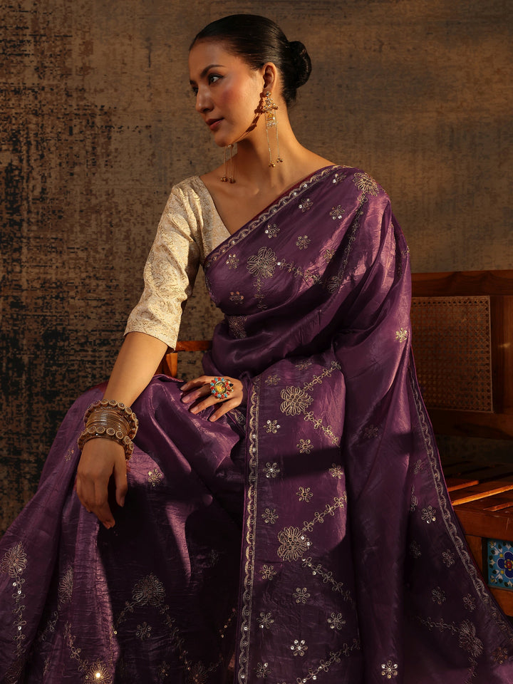 Purple Floral Embroidered Tissue Saree With Unstitched Blouse Piece