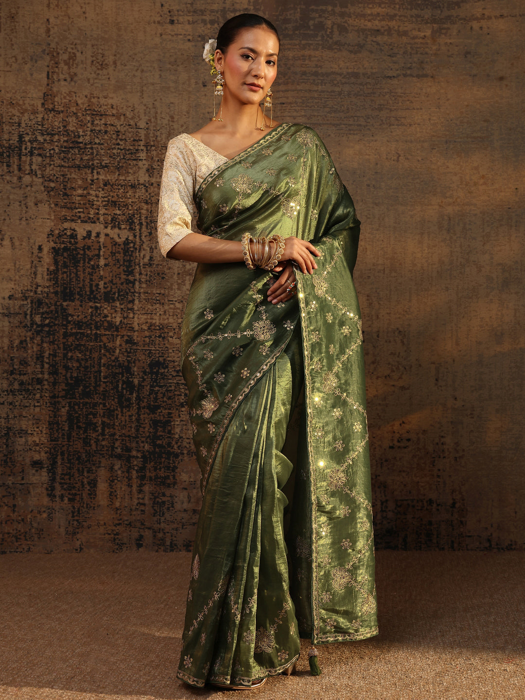 Green Floral Embroidered Tissue Saree With Unstitched Blouse Piece