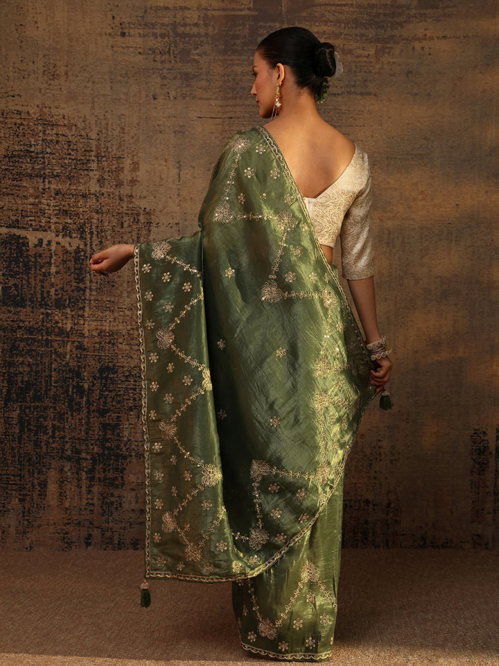 Green Floral Embroidered Tissue Saree With Unstitched Blouse Piece