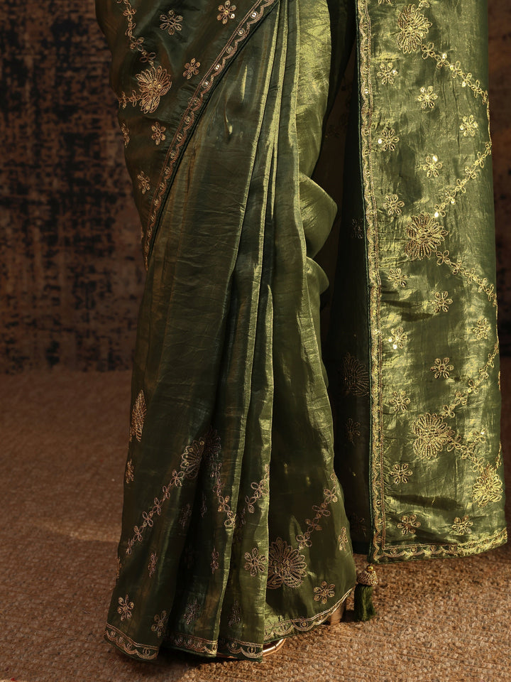 Green Floral Embroidered Tissue Saree With Unstitched Blouse Piece