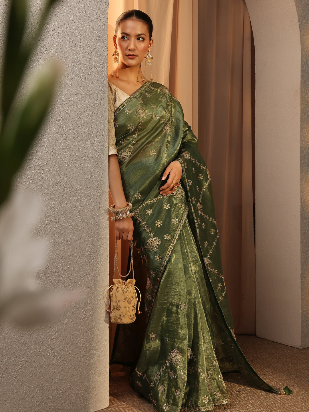 Green Floral Embroidered Tissue Saree With Unstitched Blouse Piece