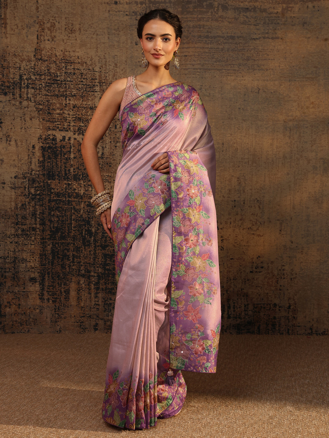 Lavender Floral Solid Tissue Saree With Unstitched Blouse Piece