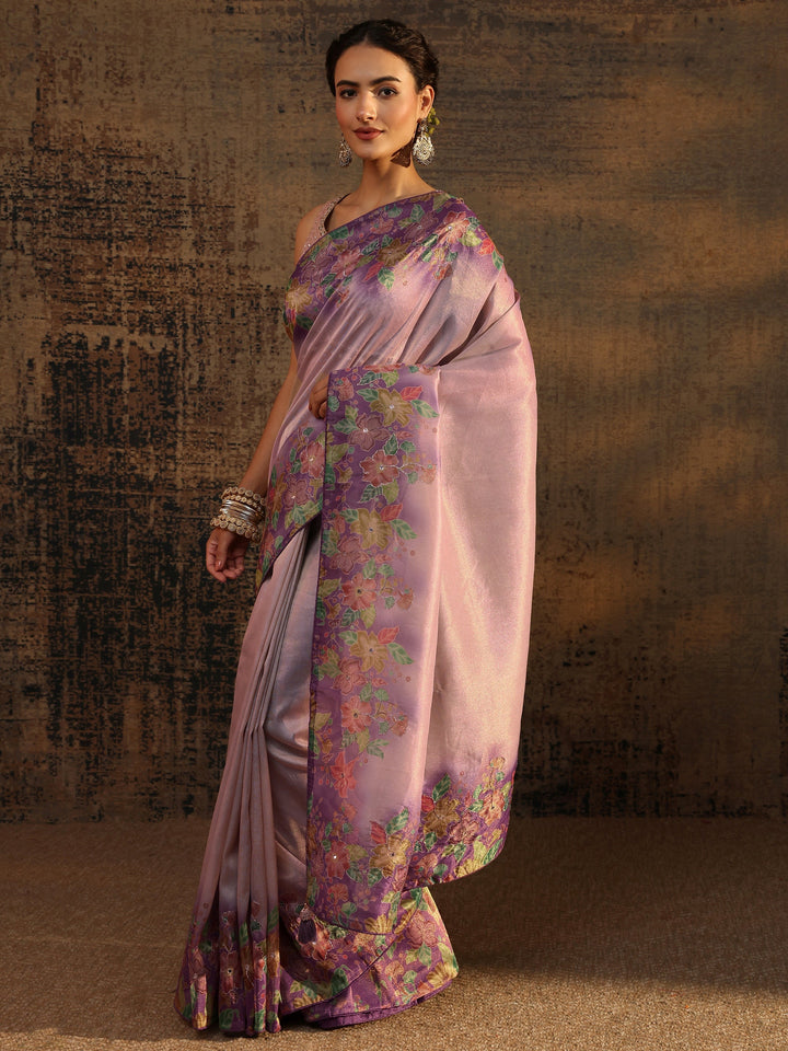 Lavender Floral Solid Tissue Saree With Unstitched Blouse Piece