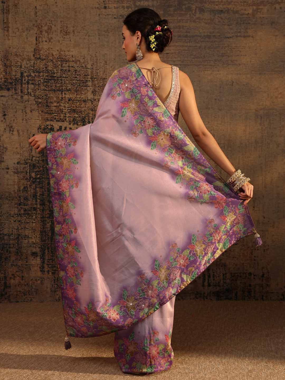 Lavender Floral Solid Tissue Saree With Unstitched Blouse Piece