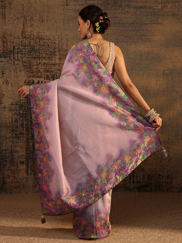 Lavender Floral Solid Tissue Saree With Unstitched Blouse Piece