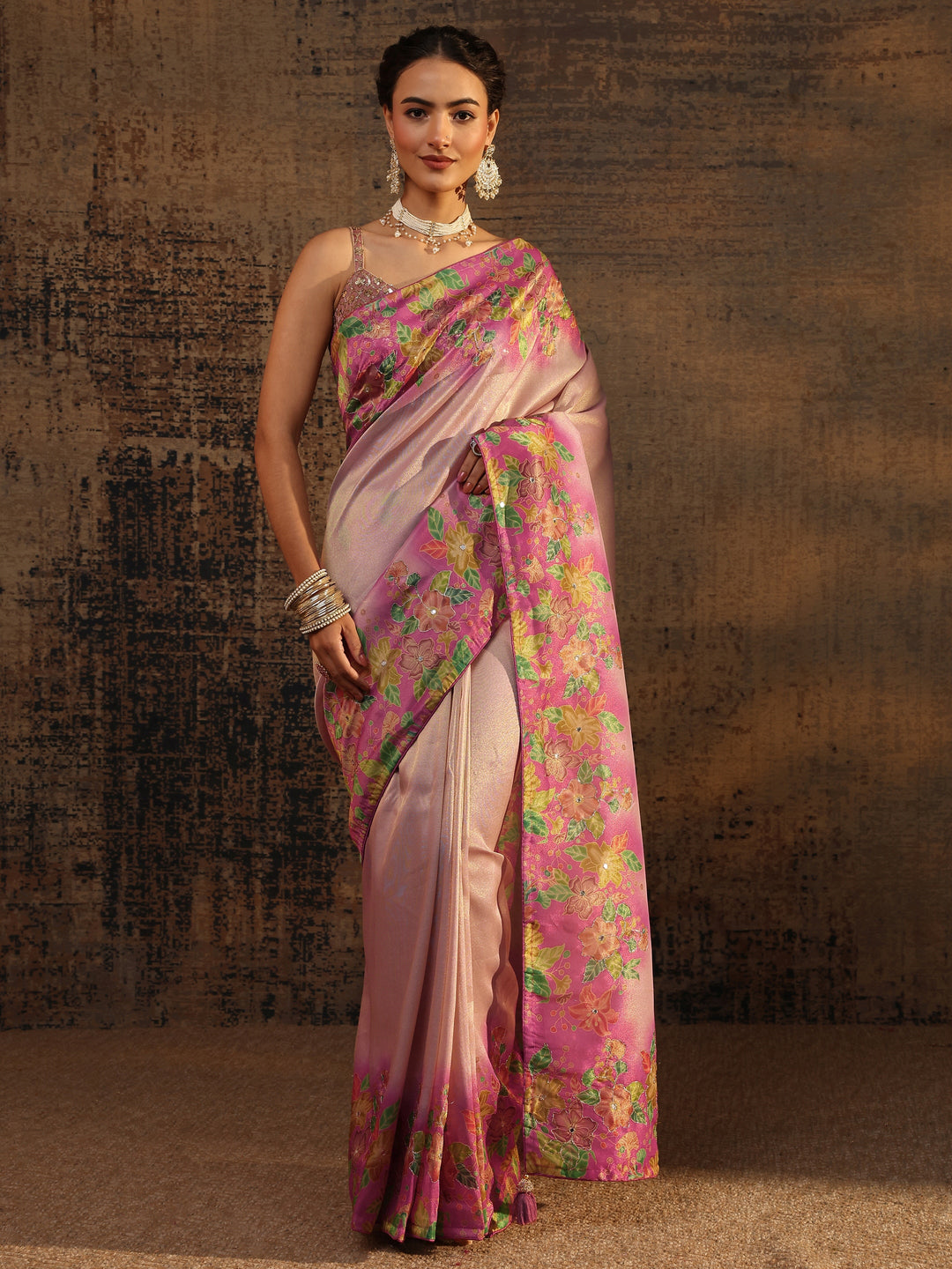 Pink Floral Solid Tissue Saree With Unstitched Blouse Piece