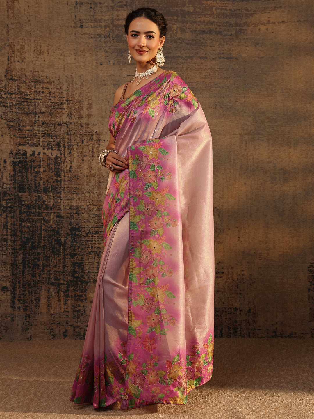 Pink Floral Solid Tissue Saree With Unstitched Blouse Piece