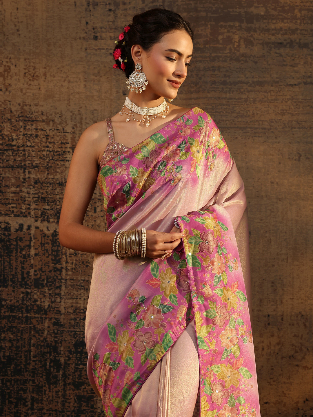 Pink Floral Solid Tissue Saree With Unstitched Blouse Piece