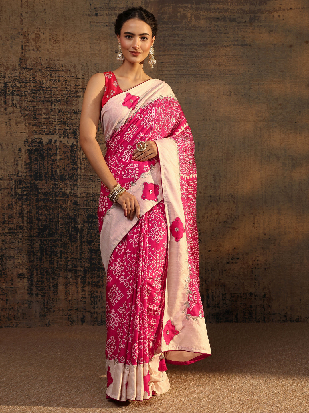 Pink Ethnic Motifs Printed Tissue Saree With Unstitched Blouse Piece