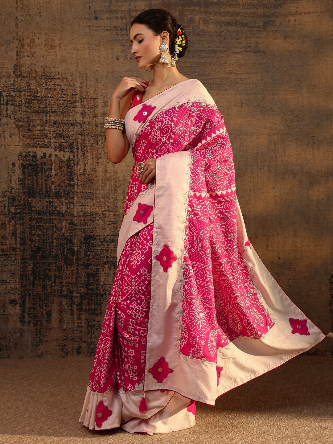 Pink Ethnic Motifs Printed Tissue Saree With Unstitched Blouse Piece