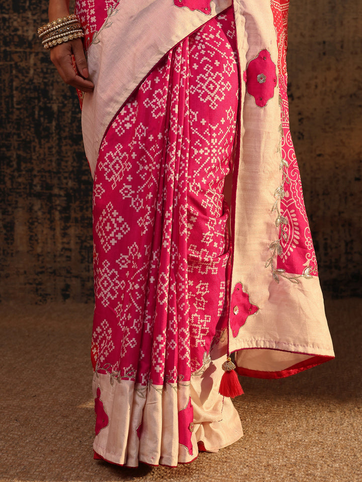 Pink Ethnic Motifs Printed Tissue Saree With Unstitched Blouse Piece