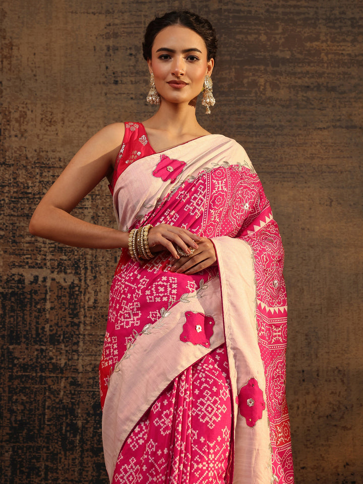 Pink Ethnic Motifs Printed Tissue Saree With Unstitched Blouse Piece