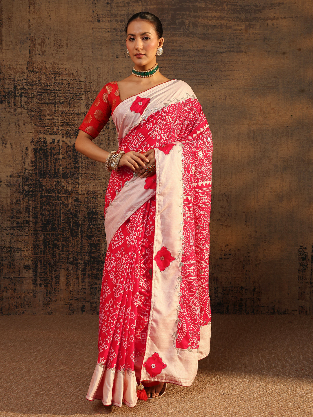 Red Ethnic Motifs Printed Tissue Saree With Unstitched Blouse Piece