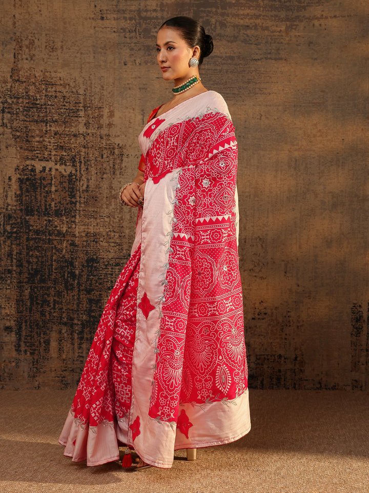Red Ethnic Motifs Printed Tissue Saree With Unstitched Blouse Piece