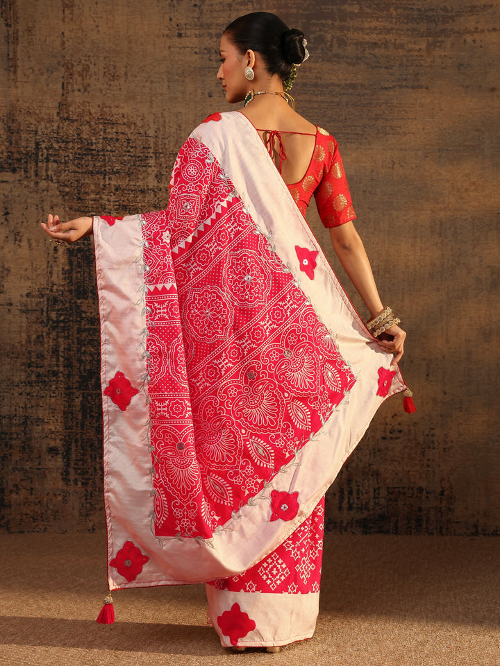 Red Ethnic Motifs Printed Tissue Saree With Unstitched Blouse Piece