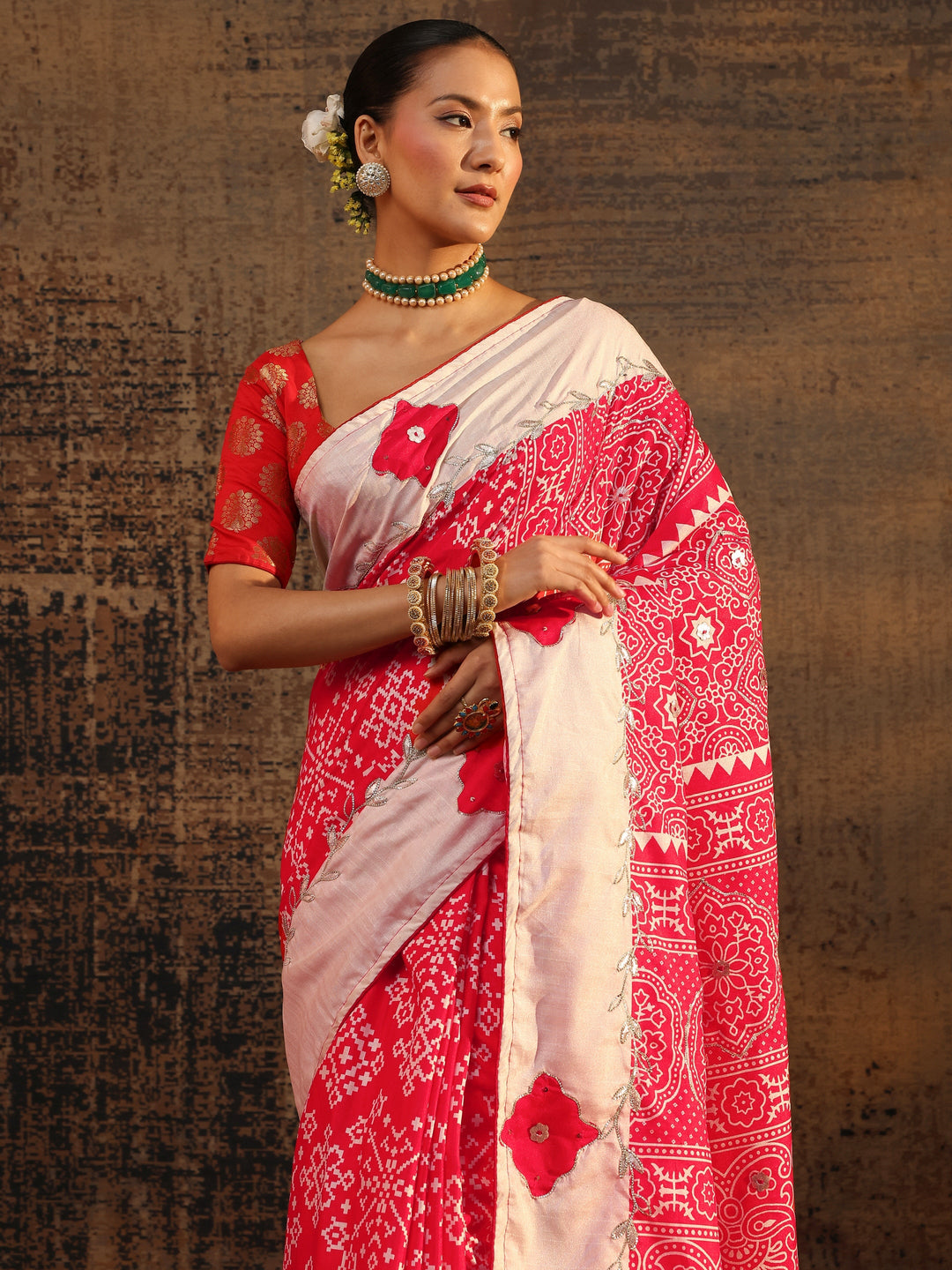 Red Ethnic Motifs Printed Tissue Saree With Unstitched Blouse Piece