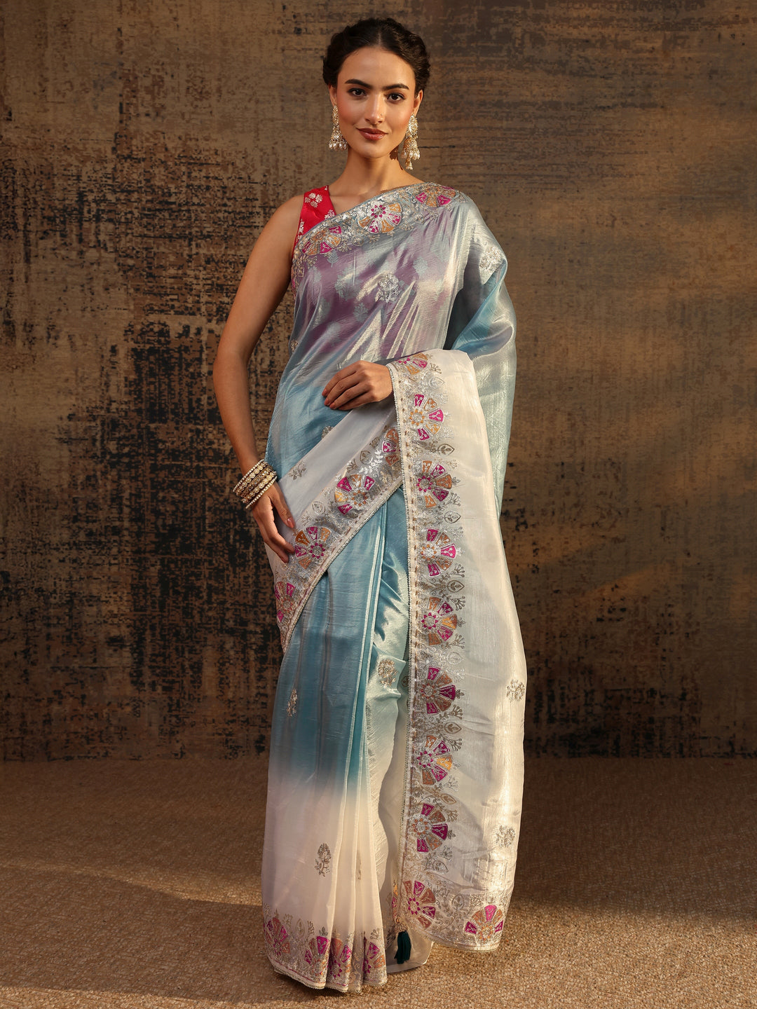 Blue Floral Embroidered Tissue Saree With Unstitched Blouse Piece