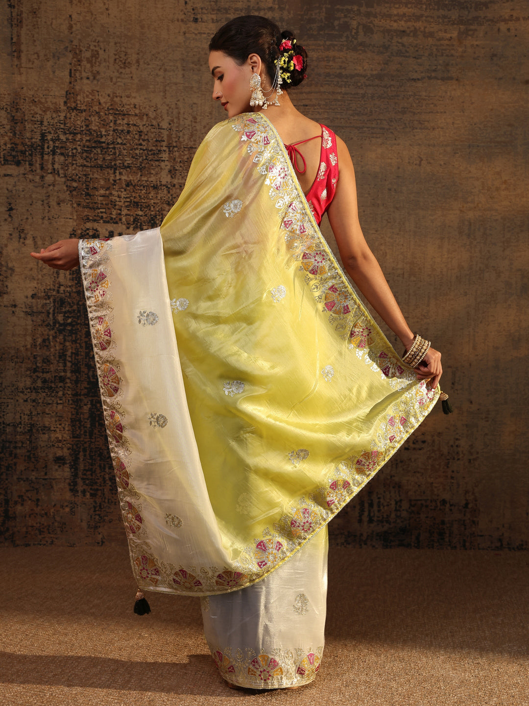 Yellow Floral Embroidered Tissue Saree With Unstitched Blouse Piece