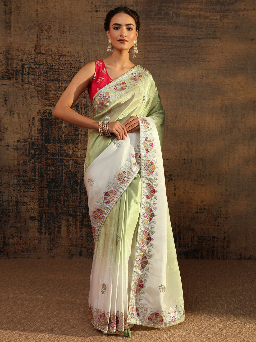 Green Floral Embroidered Tissue Saree With Unstitched Blouse Piece