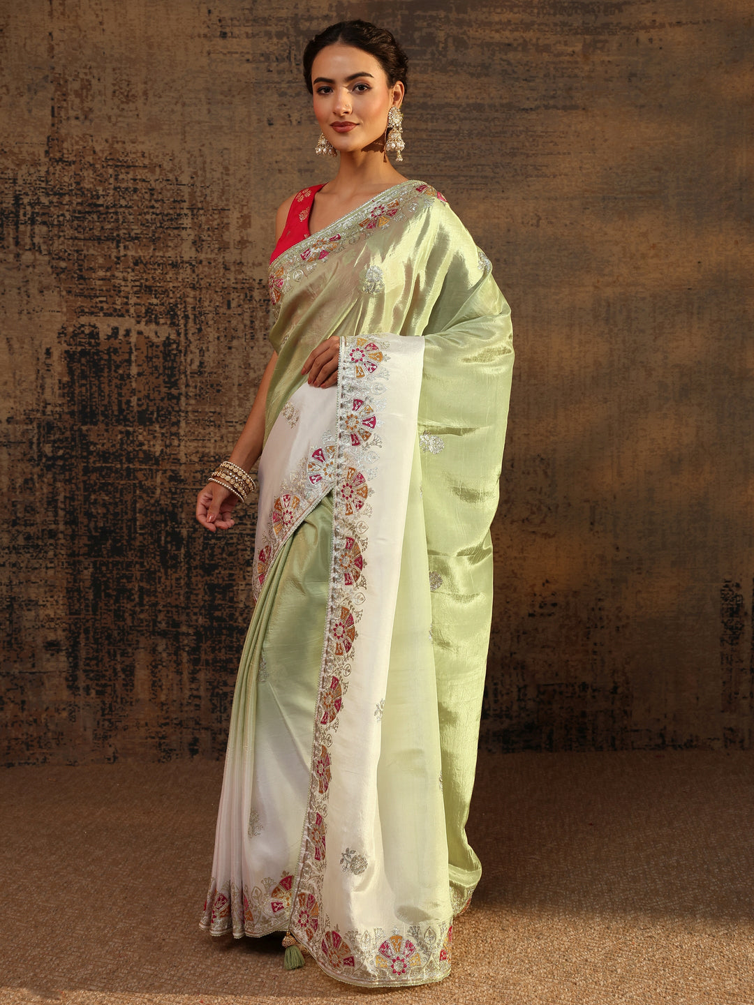 Green Floral Embroidered Tissue Saree With Unstitched Blouse Piece