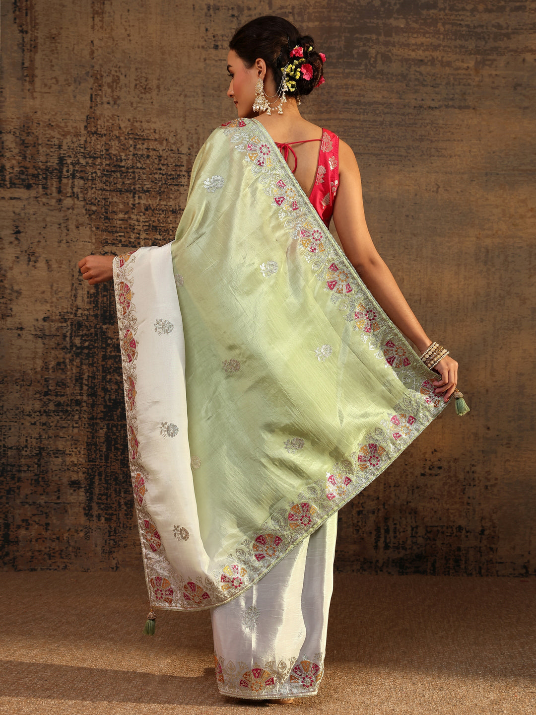 Green Floral Embroidered Tissue Saree With Unstitched Blouse Piece