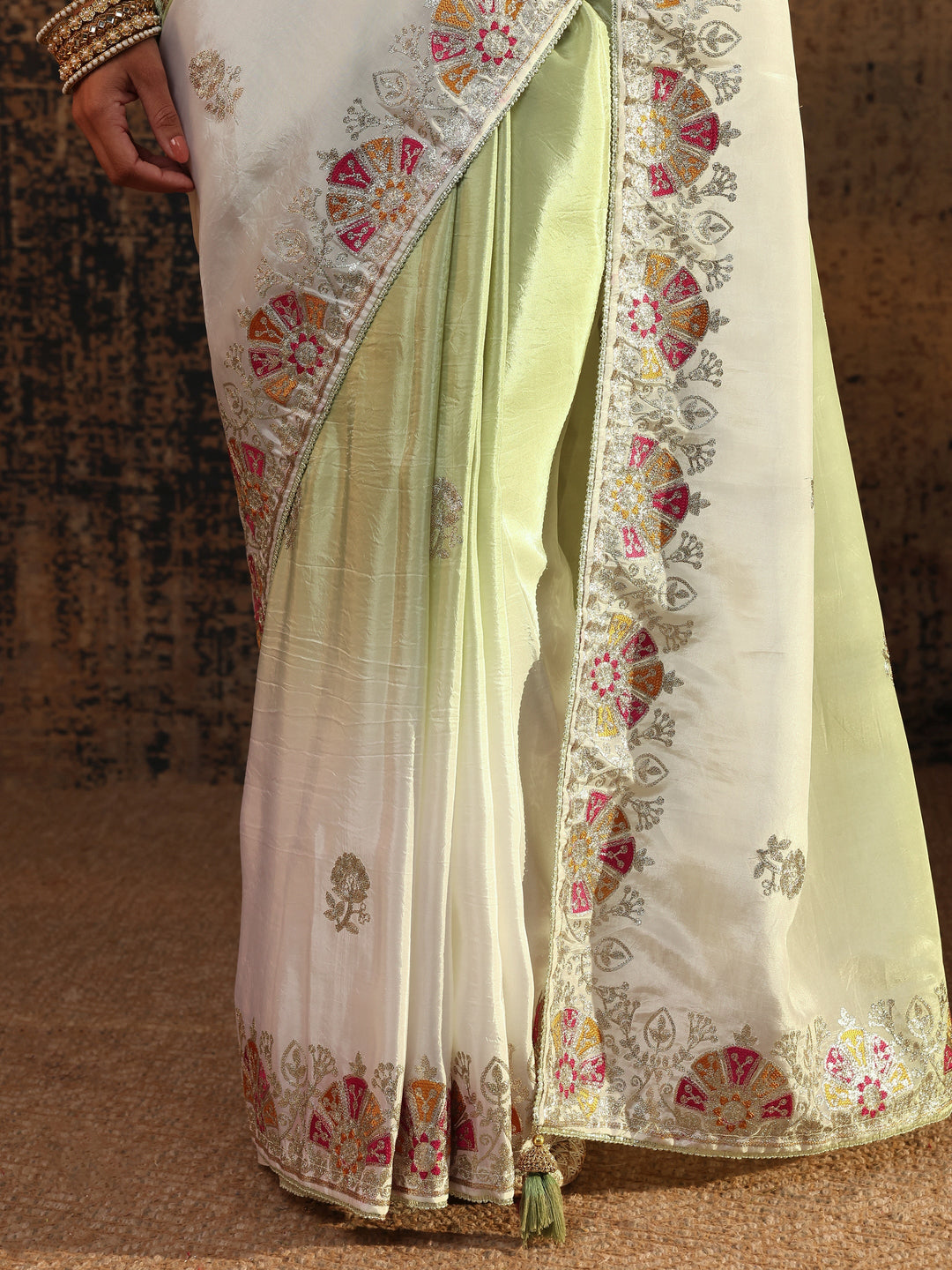 Green Floral Embroidered Tissue Saree With Unstitched Blouse Piece