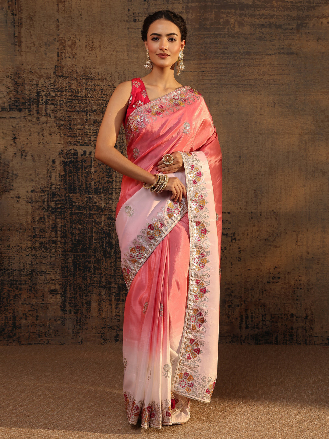 Coral Floral Embroidered Tissue Saree With Unstitched Blouse Piece