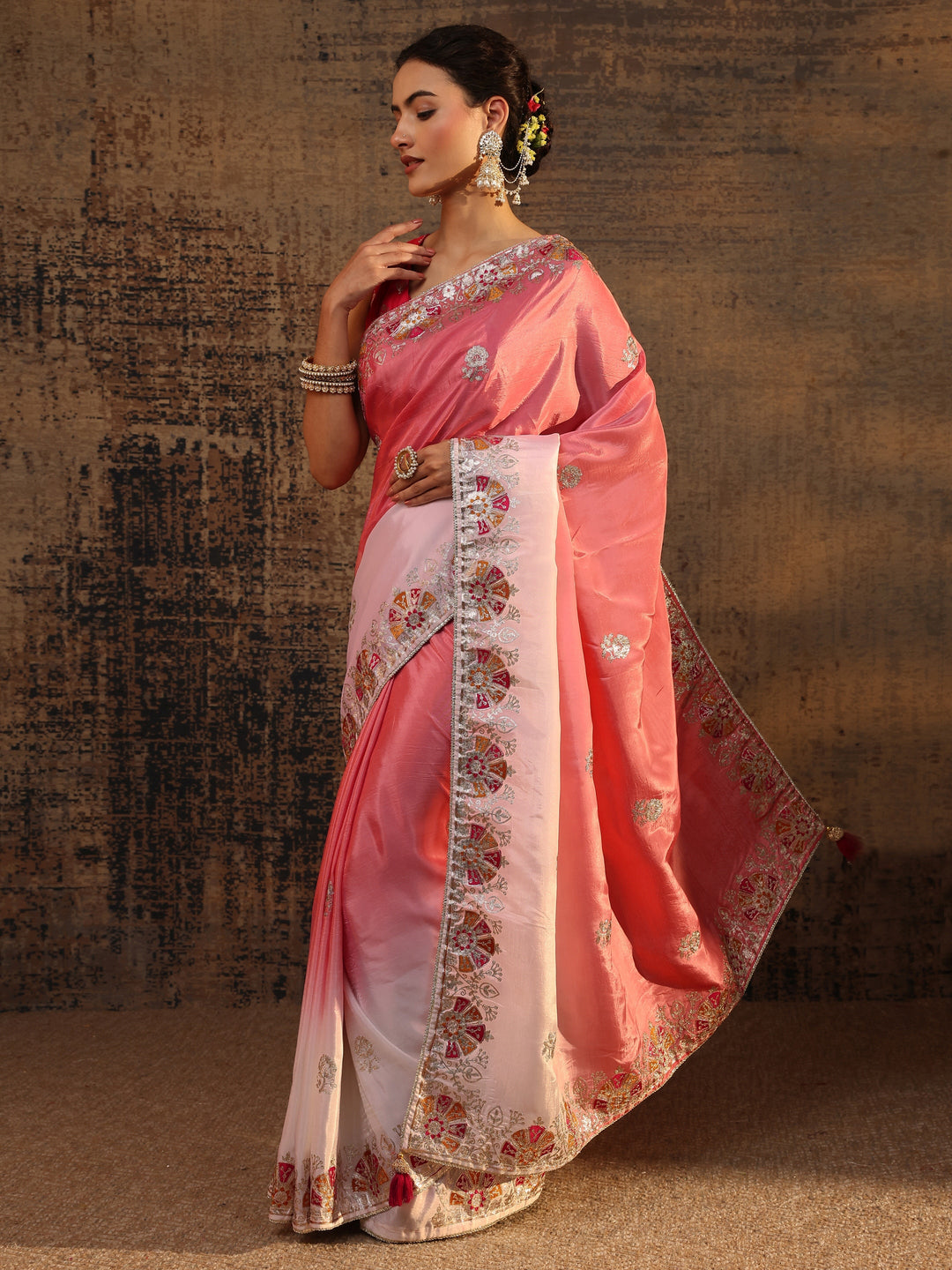 Coral Floral Embroidered Tissue Saree With Unstitched Blouse Piece